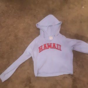 It is a baby blue cropped Hawaii sweatshirt by the brand pink